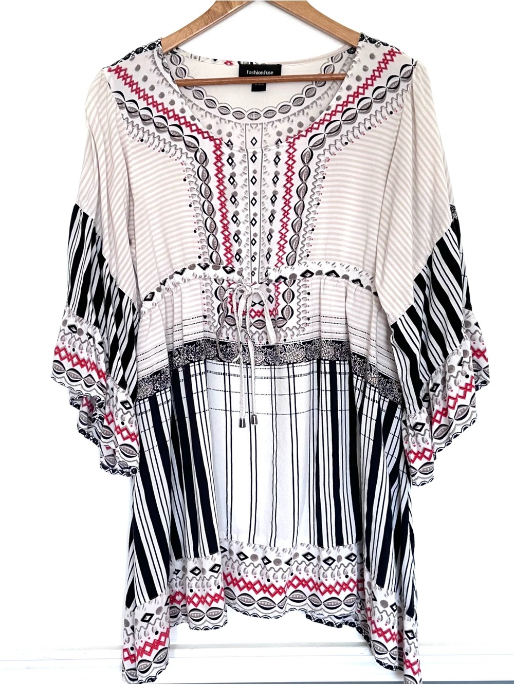 Fashion Fuse Plus Tunic Women’s 1X Geometric Boho 3/4 Flare Sleeve Shirt Top